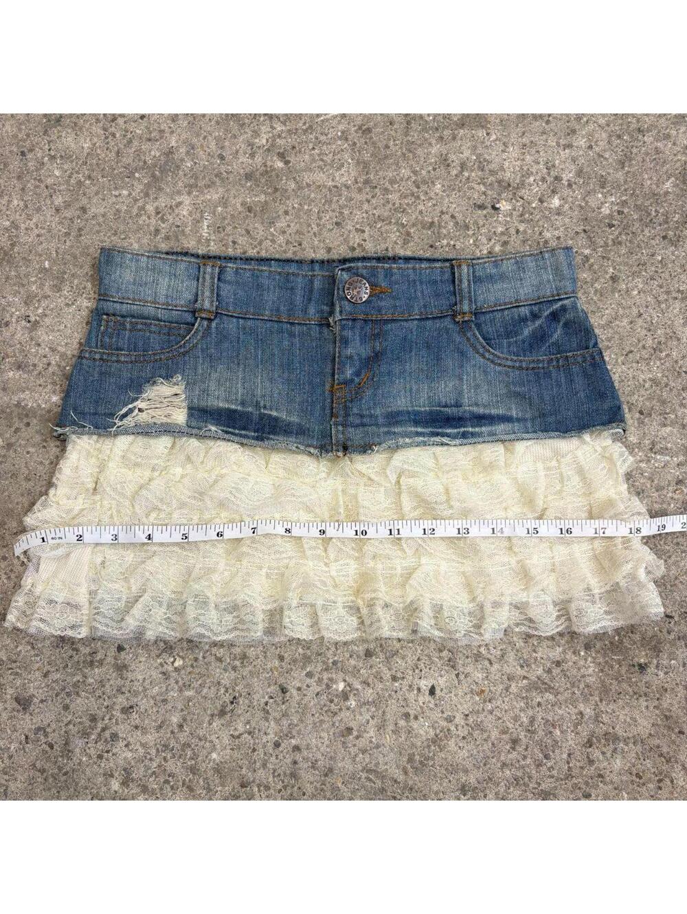 Vintage Y2K Denim Micro Mini Skirt Low Rise Layered Peekaboo Ruffle - Picture 3 of 6
